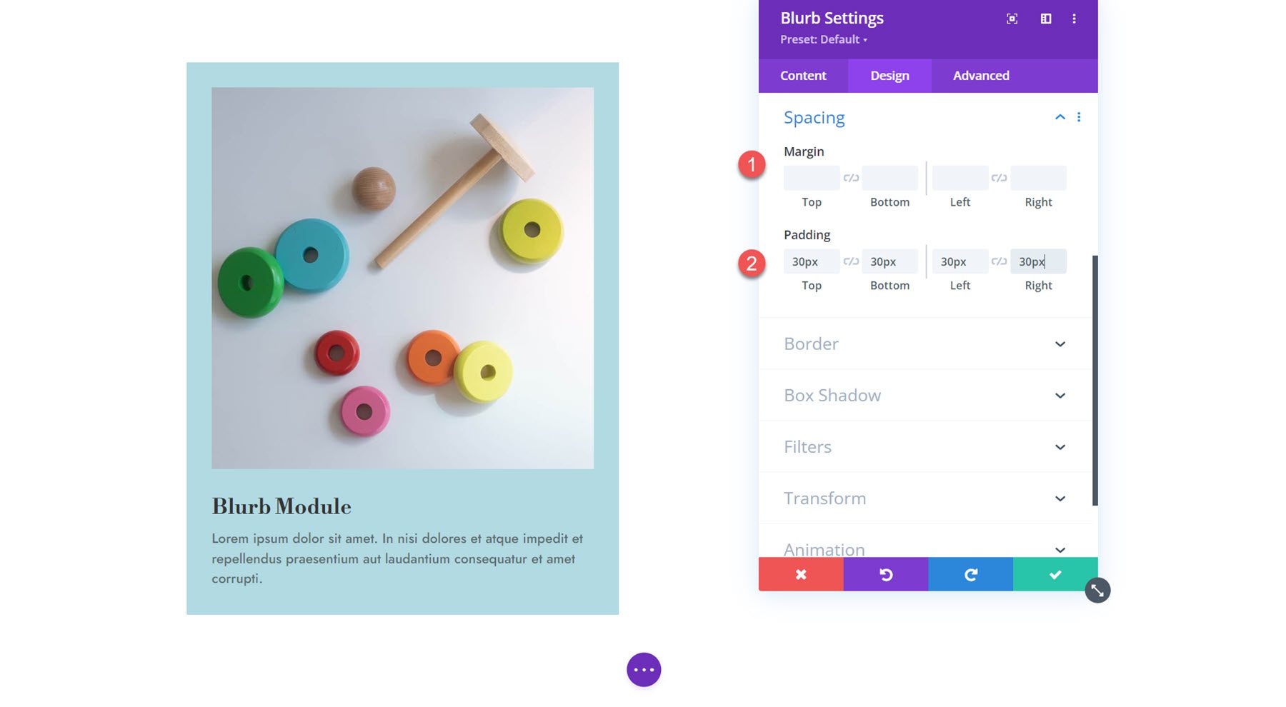 Divi Blurb modultávolság