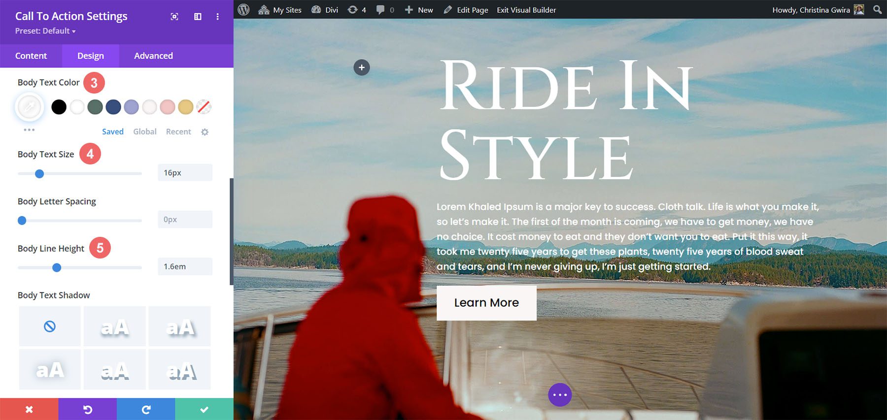 Törzsszöveg-beállítások cselekvésre ösztönző modul