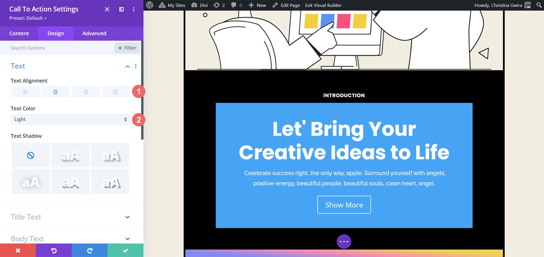 Cselekvésre ösztönző szín és igazítás beállítása