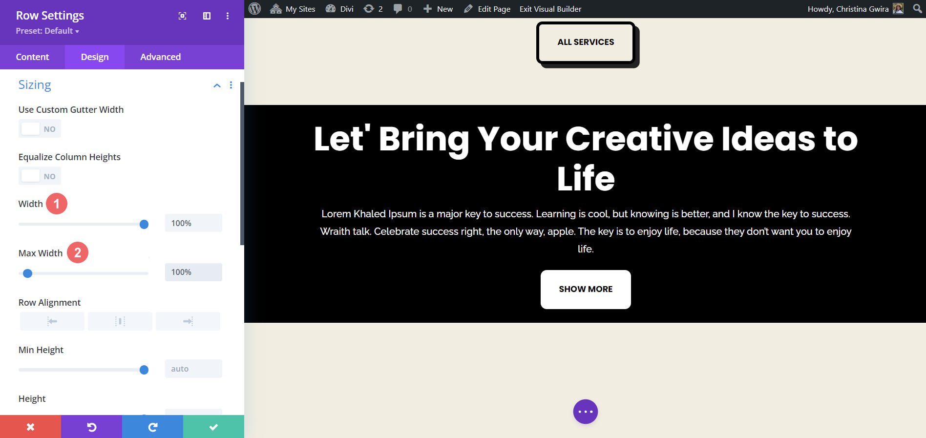 A szakasz beállítása a szélesség és a maximális szélesség beállításához