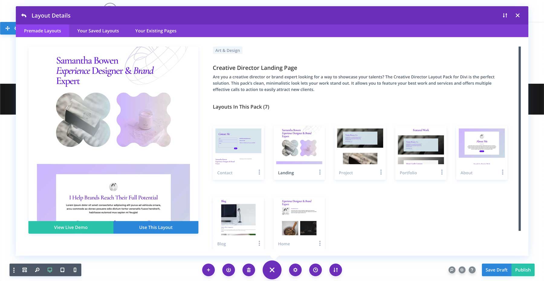 Kreatív igazgató elrendezési csomag a Divi számára