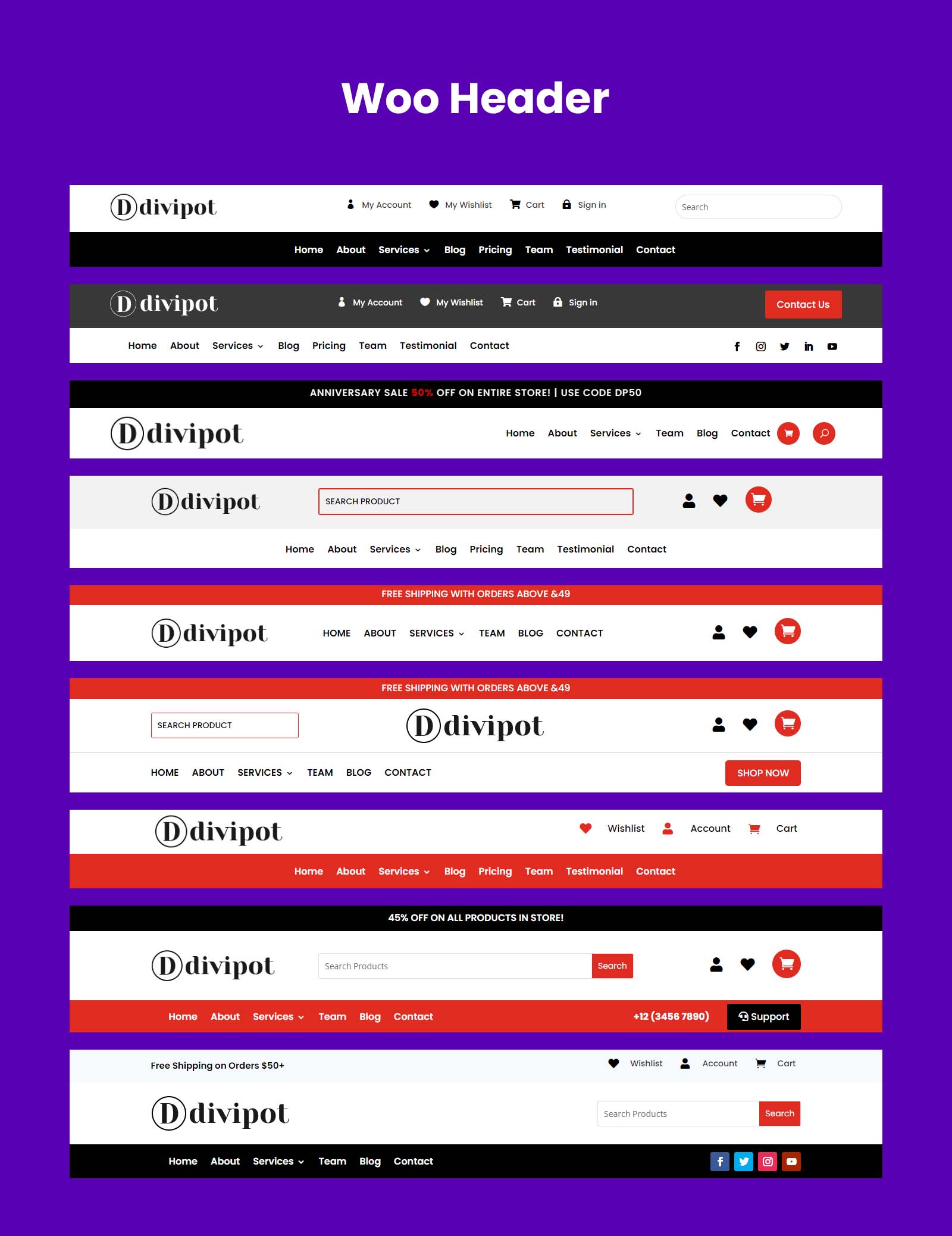 divi headers layout pack woo headers A legjobb Divi fejlécek a látogatók bevonzására (4 fejléccsomag)