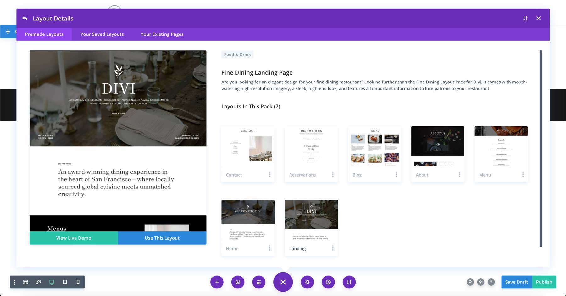Fine Dining elrendezési csomag a Divi számára