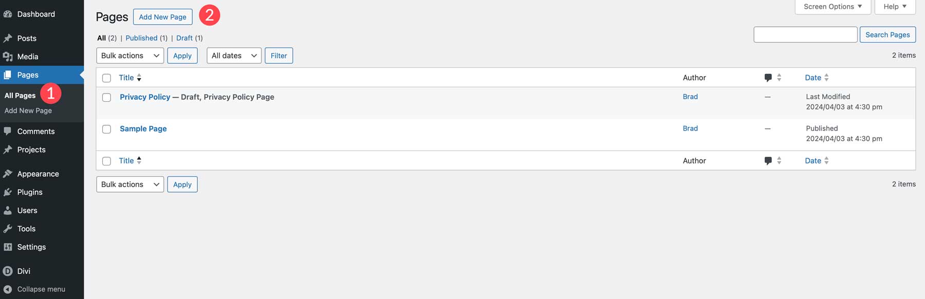 új WordPress oldal hozzáadása a Divi segítségével