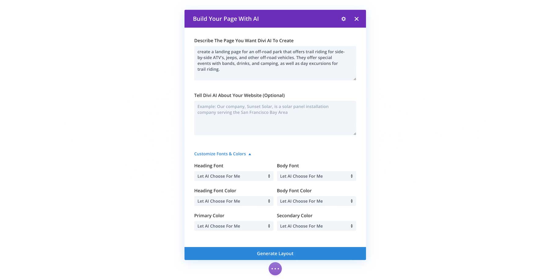 létrehoz egy weboldalt a Divi AI segítségével