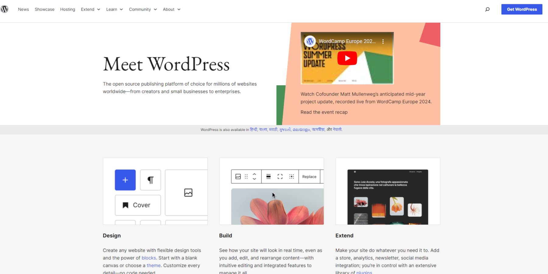 Képernyőkép a WordPress.org kezdőlapjáról