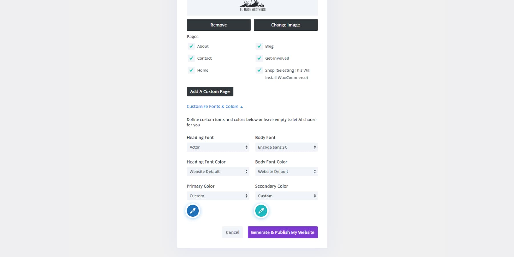 Képernyőkép a színek és betűtípusok beállításáról a Divi Quick Sites-en