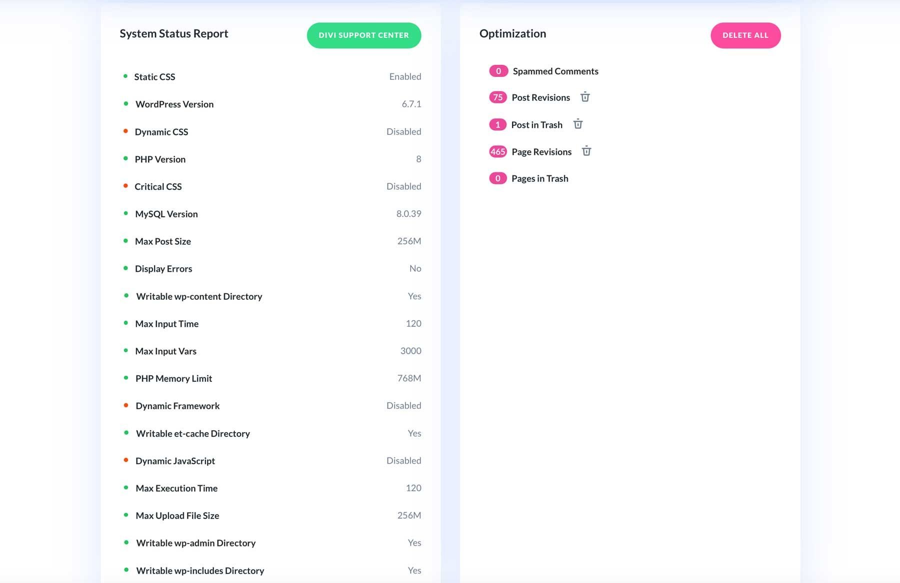 Divi Dash rendszer állapotjelentés