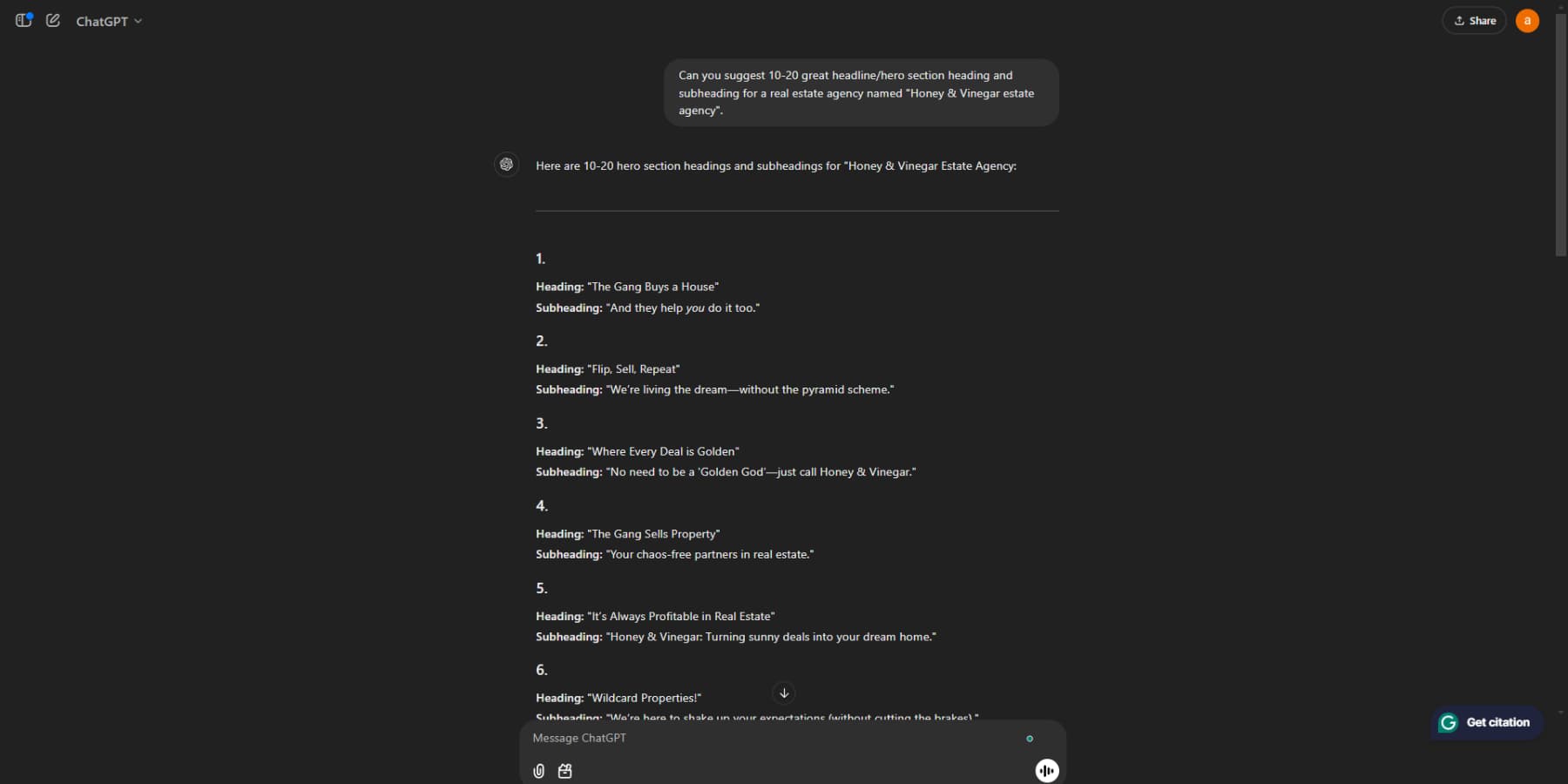 A screenshot of ChatGPT generating great copy for websites Létrehozhat a ChatGPT webdesignt?