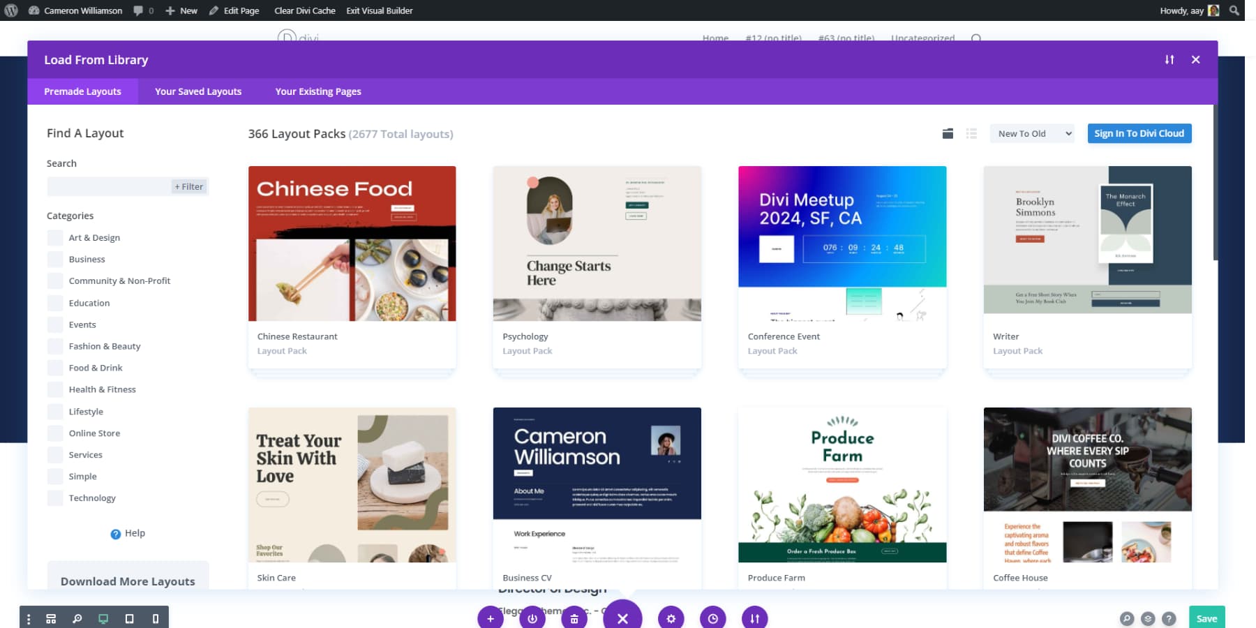 A Divi szerkesztőjéből elérhető Divi Layouts képernyőképe