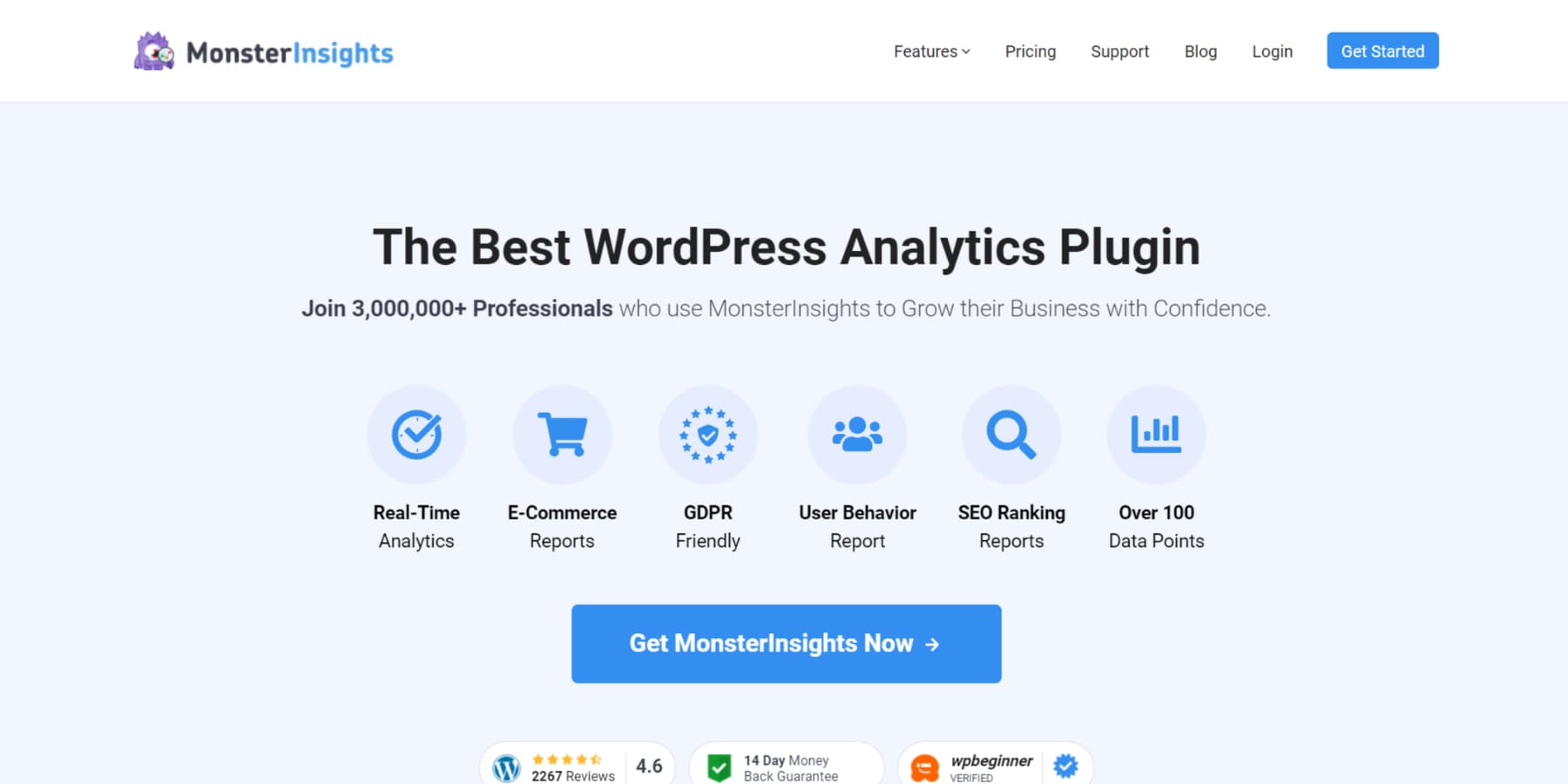 Képernyőkép a MonsterInsights kezdőlapjáról