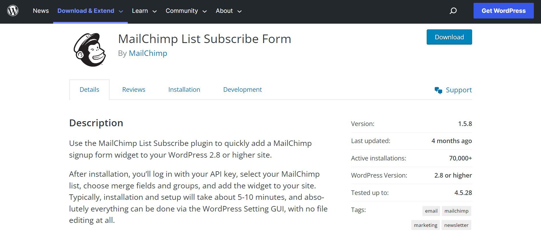 Mailchimp WordPress integrációs előfizetési űrlap