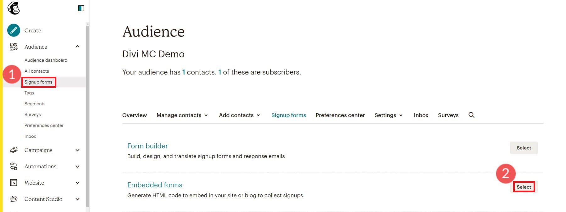 3. lépés – Létrehozása – Mailchimp – Űrlap beágyazása
