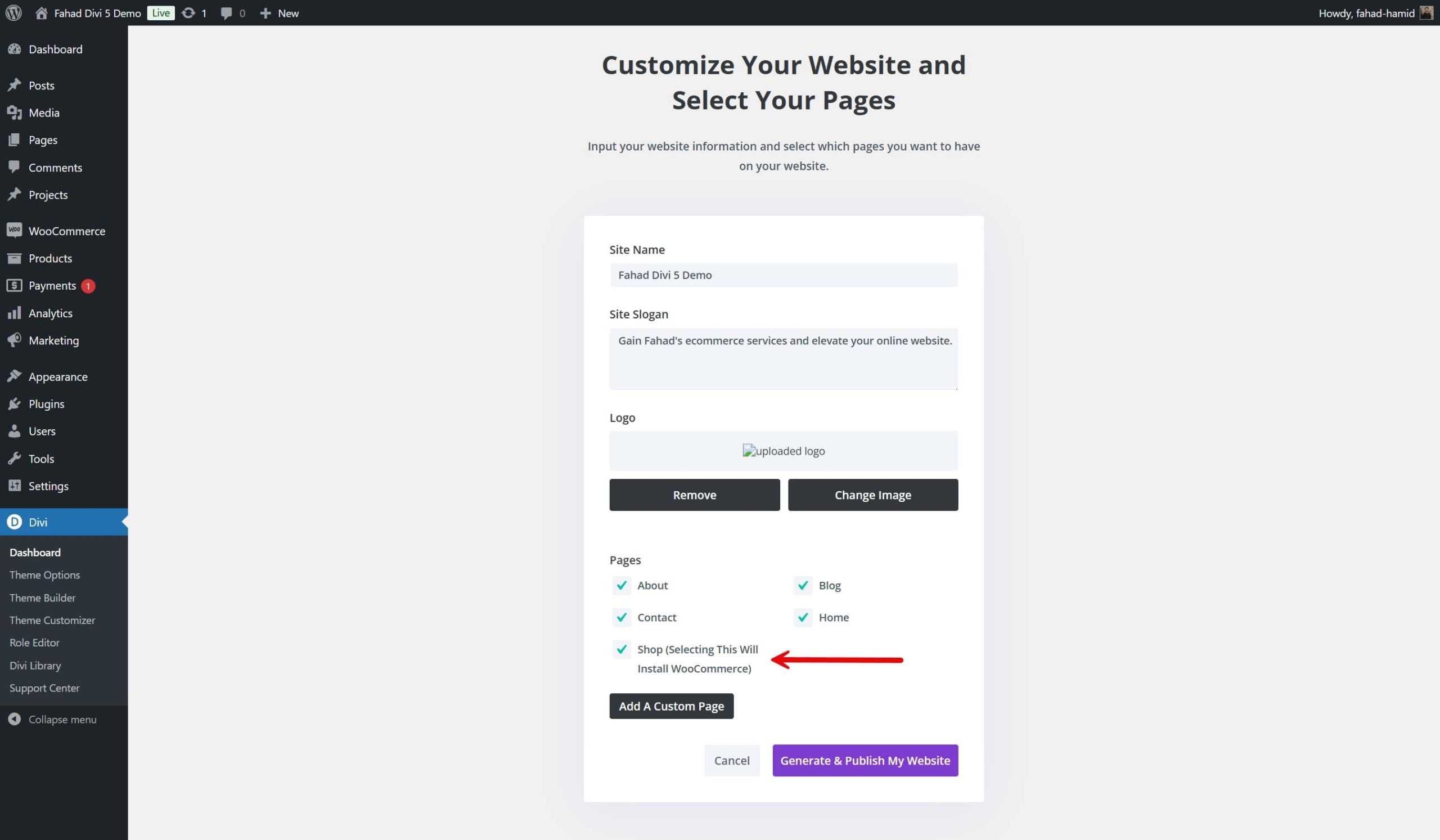 divi quick sites woocommerce opció