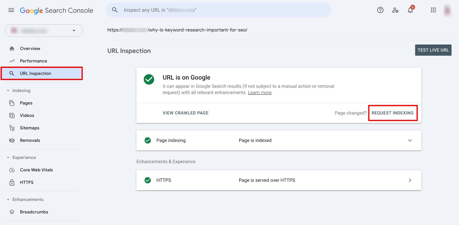 index url a google keresőkonzolban