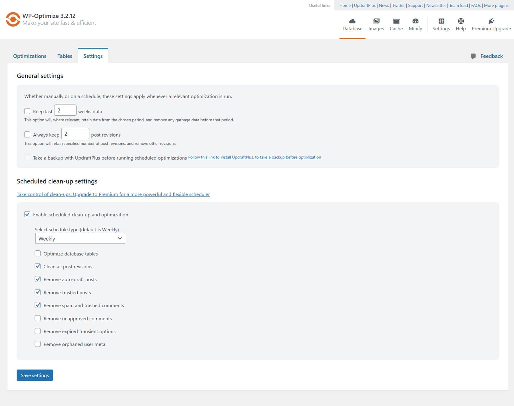 WP Optimize dat abase tisztítási beállítások